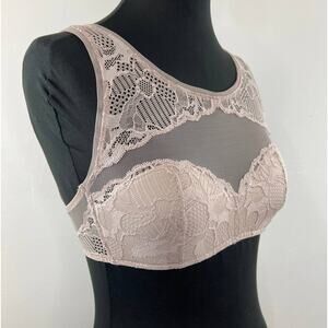 Calvin Klein Linger Bralette Fresh Taupe Beige Lace High Neck Adjustable Lined M